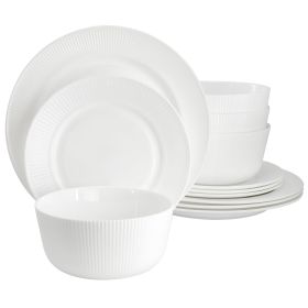 Ultra by Gibson Swanton Stripe 12 Piece Break-Resistant Opal Glass Dinnerware Set in White