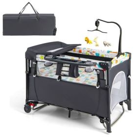 Grey Foldable Baby/Toddler Playpen Bassinet Bed Crib Music Box
