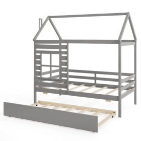 Twin Size Wooden Platform House Bed with Trundle and Roof-Grey