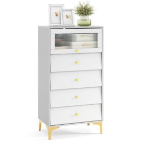 4 Drawer Modern Storage Cabinet with Flip Up Fluted Glass Door-Gray and White