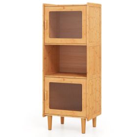 3-Cube Bamboo Storage Cabinet with Open Compartment and 2 Acrylic Doors-Natural
