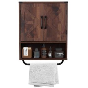 Farmhouse Bathroom Wall Cabinet with Towel Bar in Brown Wood Finish