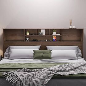 King size Bookcase Headboard in Brown Wood Finish with LED Lights