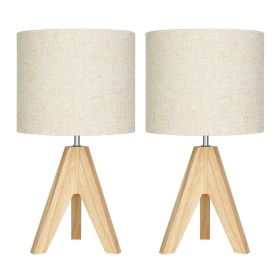 Set of 2 - Solid Wood Tripod Table Lamp with Beige Linen Drum Shade