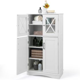 White Bathroom Towel Linen Cabinet with Glass Doors and Storage Shelves