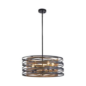 20" Rustic Industrial Pendant Light, 5-Light Black and Walnut Metal Cage Chandelier with Wood Accents for Kitchen Island and Dining Room (No Bulbs)