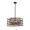 24" Rustic Industrial Pendant Light, 6-Light Black and Walnut Metal Cage Chandelier with Wood Accents for Kitchen Island and Dining Room (No Bulbs)