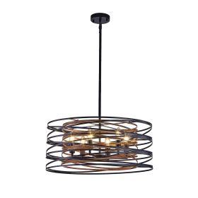 24" Rustic Industrial Pendant Light, 6-Light Black and Walnut Metal Cage Chandelier with Wood Accents for Kitchen Island and Dining Room (No Bulbs)