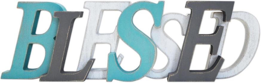 Rustic Blessed Script Sign Home Decor for Living Room - Farmhouse Religious Multicolor Grey Teal White Wood Blessed Wall Hanging - Thick Retro Turquoi