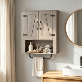 Bathroom Wall Cabinet 3-Tier Wooden Storage with 2 Barn Doors And Towel Bar for Bathroom Storage Organization