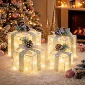 Set of 4 Christmas Lighted Gift Boxes, Battery Operated Xmas Decor Cordless flexible placement, fuller 4-piece set, 75 bright LEDs, 6H auto timer
