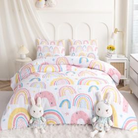 3 pieces Girls Rainbow Super Soft & Cute Microfiber Comforter Sets Full Size for Kids Teens