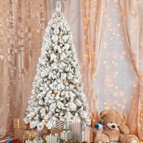 6FT Flocked Christmas Tree with 350 Warm White LED Lights – 752 Tips, Snowy PVC & Hard Needle Branches, Hinged Design for Easy Setup