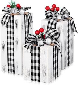 3 Pcs Christmas Wooden Gifts Box Decor Christmas Plaid Presents Table Centerpieces Rustic Wooden Gifts Tiered Tray Decor with Buffalo Plaid Bowknot fo