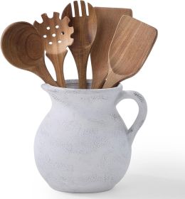 Rustic Kitchen Utensil Holder - 7.6 Inch Ceramic Utensil Crock for Countertop, Vintage Kitchen Counter Decor