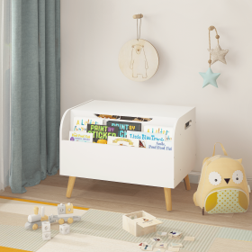 Wooden Toy Box, Kids Toy Storage Organizer with Front Bookshelf, Flip-Top Lid, Safety Hinge