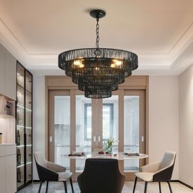 24" Rustic 5-Tier Black Hemp Rope Pendant Light Chandelier with 8 E12 Sockets, Boho Farmhouse Ceiling Fixture for Dining Room, Kitchen