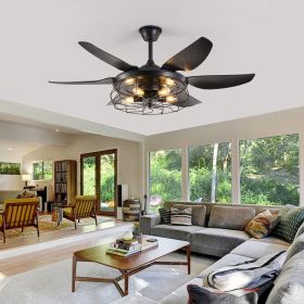 52" Modern Black Ceiling Fan with Light, 6 Fan Blades and Industrial Cage Design, Adjustable Speed for Living Room, Bedroom