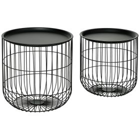 Coffee Table Set, Nest of Coffee Tables with Steel Wired Basket Body and Removable Top for Living Room, Black
