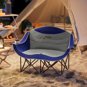 Padded Folding Camp Chair for Adults, Double Camping Chairwith Armrests, Cup Holders, Carry Bag for Outdoor, Blue