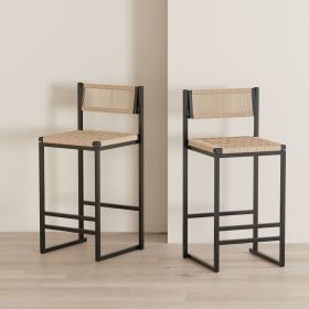Kitchen Bar Stools with Footrest Set of 2 Paper Rope Weave Dining Chairs Counter Height Barstool (Style B Black & Honey)