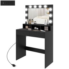 Vanity Table, Makeup Dressing Table with LED Lighting Mirror, Charging Station and Drawers for Bedroom, Black