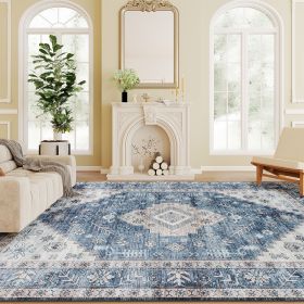 8x10 Area Rug, Vintage Machine Washable Rug, Non-Slip Floor Carpet for Living Room, Bedroom, Dining Room, Blue