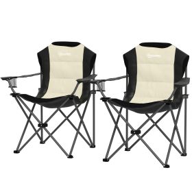 2 Pack Folding Camping Chairs, High Back Folding Chairs w/ Cup Holder, Padded Camping Chairs for Outdoor Events, Cream