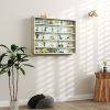 5-Tier Display Cabinet, Wall-Mounted Display Case with 2 Glass Doors and Adjustable Shelves, Oak and White