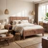 Queen Size Bed Frame mid Century Modern Woven Accent Headboard Wood Platform Bed