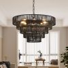 24" Rustic 5-Tier Black Hemp Rope Pendant Light Chandelier with 8 E12 Sockets, Boho Farmhouse Ceiling Fixture for Dining Room, Kitchen
