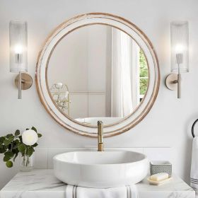 23.62 Inches Round Wall Mirror For Bathroom Vanity, Wooden Farmhouse Circle Mirrors For Bedroom, Entryway, Living Room, Kithen Whitewash Edge Decorati