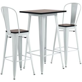 3 Piece Industrial Dining Table Set, Bar Height Bar Table and Chairs Set with Footrests for Bistro, Pub, White and Brown