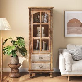 Rustic Wooden Storage Cabinet With Decorative Cutout Door & 3 Drawers, Tall Narrow Organizer For Living Room, Bedroom  Natural  Antique White
