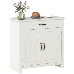 Farmhouse Sideboard Buffet Cabinet, Barn Door Coffee Bar Cabinet with Drawer and Adjustable Shelf for Kitchen, Living Room, Entryway, White Wash