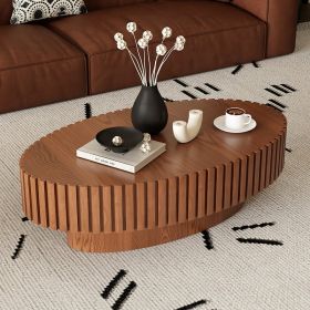 Oval Coffee Table Handcrafted Relief Sturdy Pedestal Wooden Olive-Shaped Tea Table For Living Room