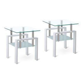 2 Pieces White Tempered Clear Glass End Table, 2-Layers Small Table With Storage, Living Room Side Table