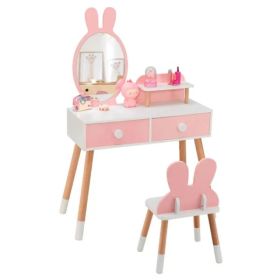 2-in-1 Kids Vanity Table Set With Detachable Mirror, Pink Dressing Table With Storage Shelf & Drawers For Girls
