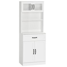 Freestanding Kitchen Pantry, 4-Door Buffet Cabinet with Hutch, Coffee Bar with Adjustable Shelves, 63.5 Inches, White