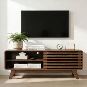 TV Stand With Storage, Entertainment Center With Slatted Sliding Door, Mid Century Modern TV Stand, Farmhouse Media Console For Living Room Walnut, 46