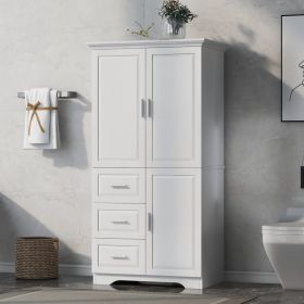 Tall And Wide Storage Cabinet With Doors For Bathroom Office, Three Drawers, White