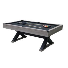 84  Pool Table With Billiard Balls, Cues, Pool Cue Chalk, Cleaning Brush, X-Legs, Black Cloth, Rustic Grey,84.1 L X 46.5 W X 32 H