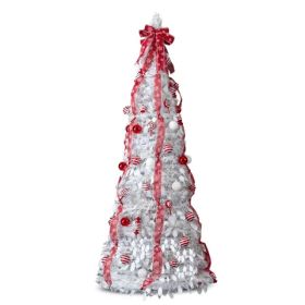 7 FT Fully Decorated Pre-lit Christmas Tree, Pop Up Artificial Xmas Tree With 170 Warm Lights And Red Ornaments For Home Office Store Holiday Deco, Wh