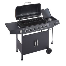 6 Burner BBQ Propane Gas Grill With Side Burner 59000 BTU Output Stainless Steel Barbecue Grill With Enamel-Coated Grates And Side Tables For Outdoor