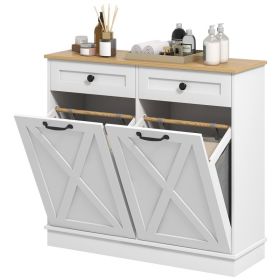 Tilt Out Laundry Hamper Cabinet, Bathroom Storage Cabinet with 2 Removable Baskets and 2 Drawers, White