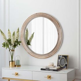 Rustic Round Wall Mirror, 23.62 Inches Wood Circle Mirror With Beads, Decorative Farmhouse Mirror For Living Room, Bedroom, Kitchen, Entryway White