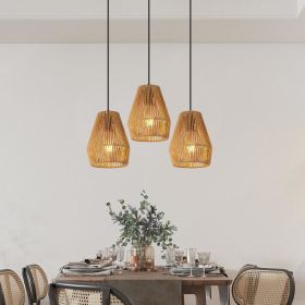 7inch Set Of 3 Rustic Hemp Rope Pendant Light, Handcrafted Farmhouse Hanging Light Fixture, Adjustable Height Ceiling Lamp For Kitchen Island, Dining