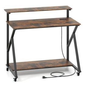 Rolling Computer Desk with Charging Station and Monitor Shelf Storage for Home Office-Rustic Brown