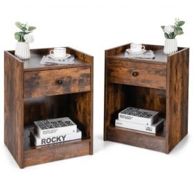 Set of 2 Nightstand with Drawer Cabinet End Side Table Raised Top-White