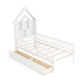 Twin Size House Bed Kids Montessori Bed with House-Shaped Storage Headboard-White